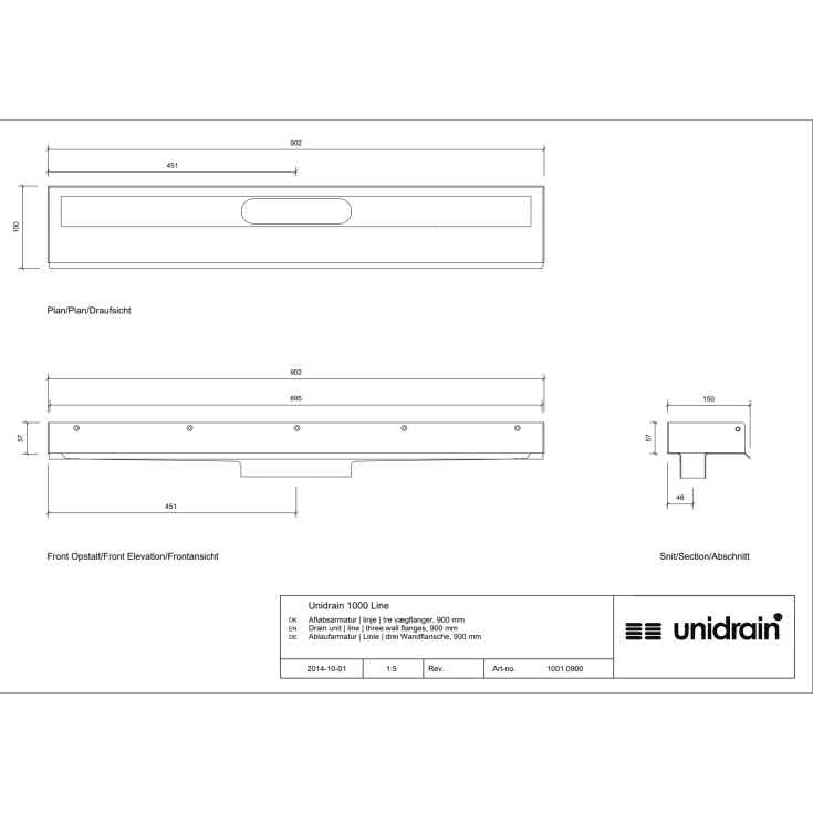 Unidrain 1001 afløbsarmatur, 900 mm, mellem 2 vægge