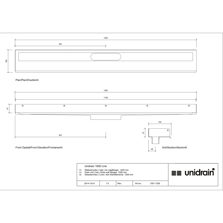 Unidrain 1001 afløbsarmatur, 1200 mm, mellem 2 vægge