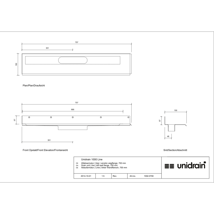 Unidrain 1002 afløbsarmatur, 700 mm, mod venstre væg