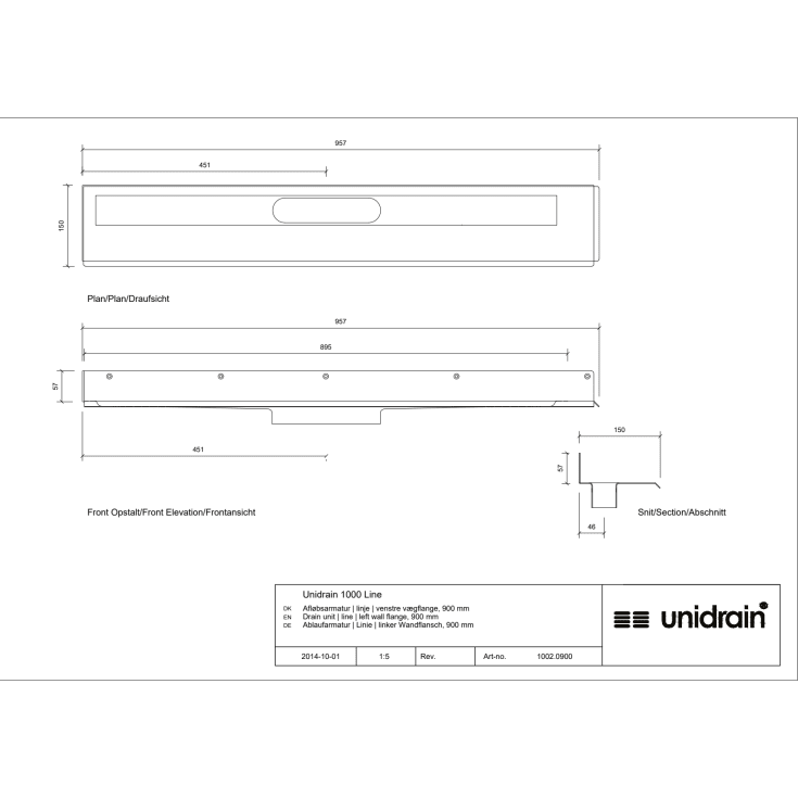 Unidrain 1002 afløbsarmatur, 900 mm, mod venstre væg
