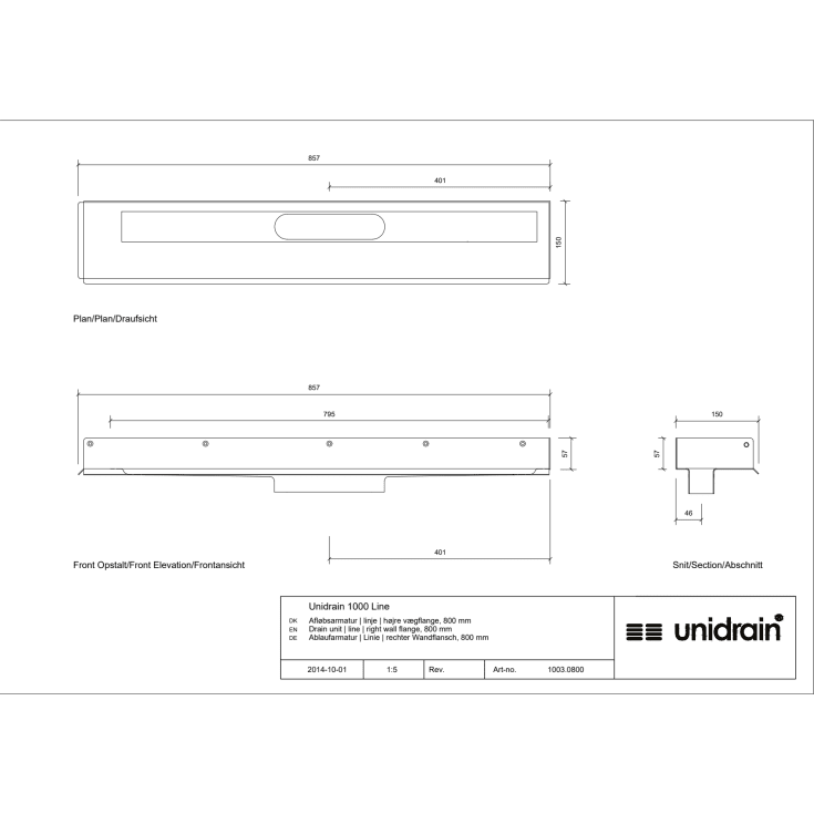 Unidrain 1003 afløbsarmatur, 800 mm, mod højre væg