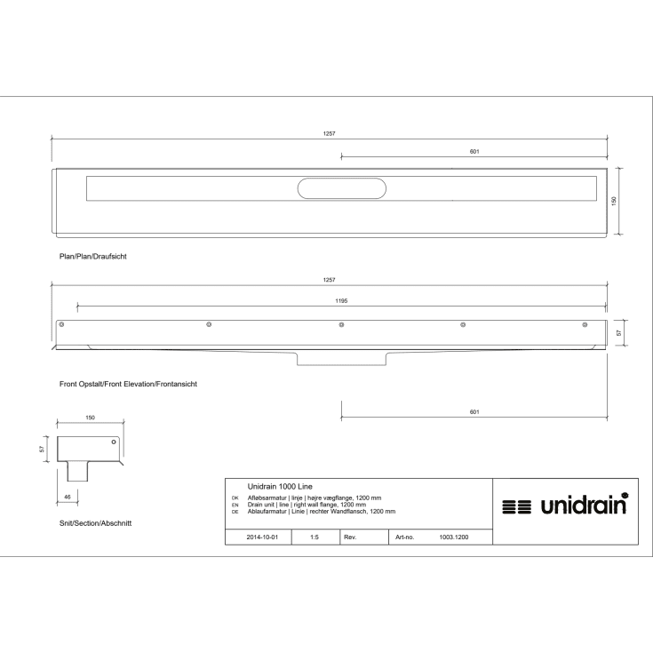 Unidrain 1003 afløbsarmatur, 1200 mm, mod højre væg