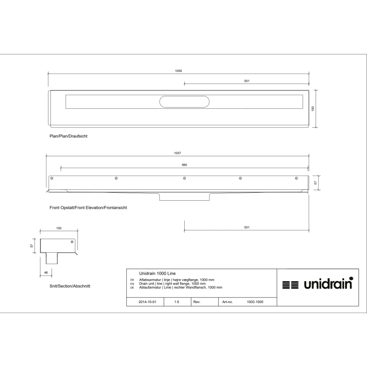 Unidrain 1003 afløbsarmatur, 1000 mm, mod højre væg