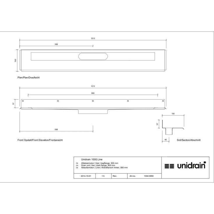 Unidrain 1004 afløbsarmatur, 900 mm, mod bagvæg