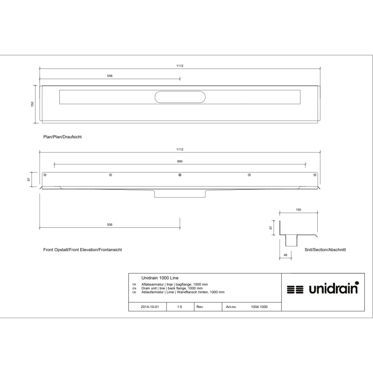 Unidrain 1004 afløbsarmatur, 1000 mm, mod bagvæg