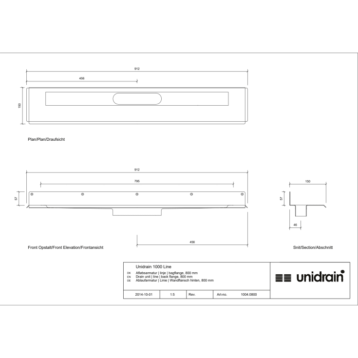 Unidrain 1004 afløbsarmatur, 800 mm, mod bagvæg