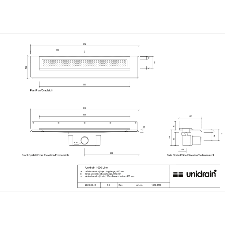 Unidrain 1004 afløbsarmatur, 600 mm, mod bagvæg
