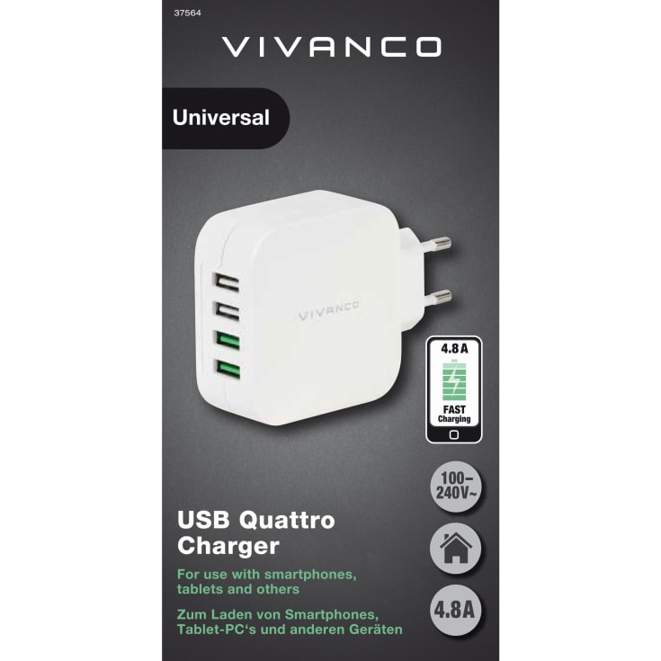 VIVANCO Hurtig 4xUSB Hjemmelader 4.8A 2.4A/1A hvit