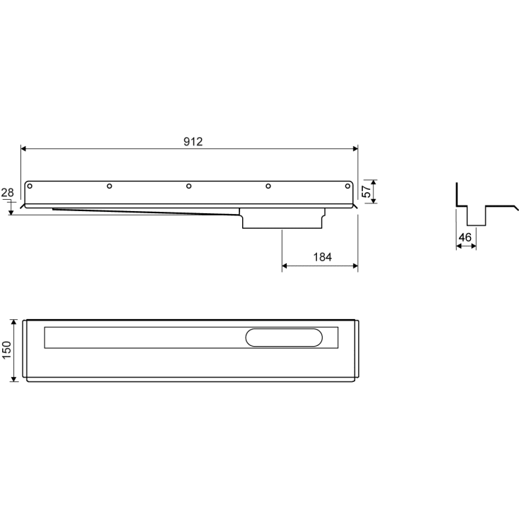 Unidrain 1004 afløbsarmatur, 800 mm, mod bagvæg og sideafløb, højre