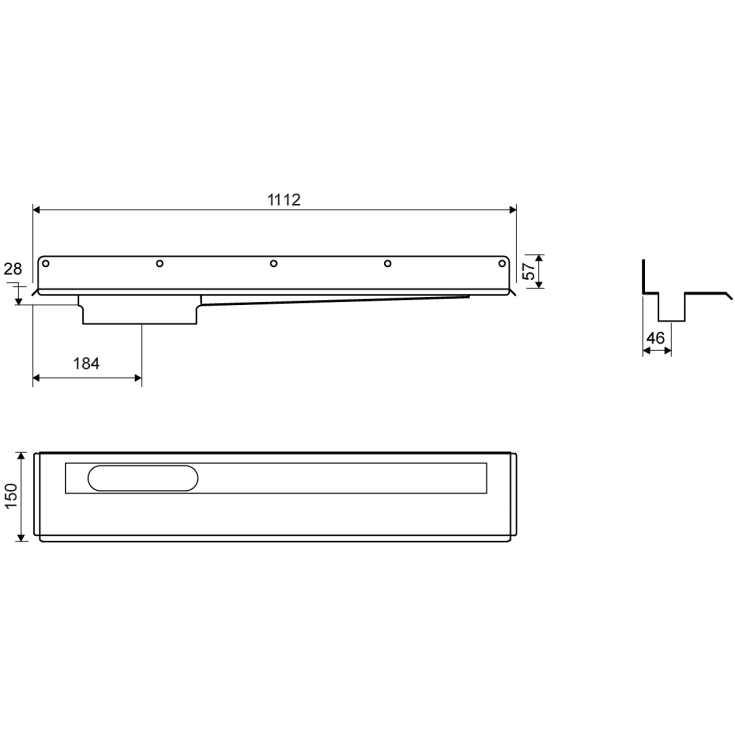 Unidrain 1004 afløbsarmatur, 1000 mm, mod bagvæg og sideafløb, venstre