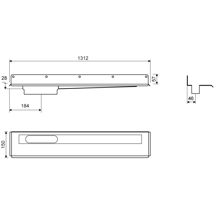 Unidrain 1004 afløbsarmatur, 1200 mm, mod bagvæg og sideafløb, venstre