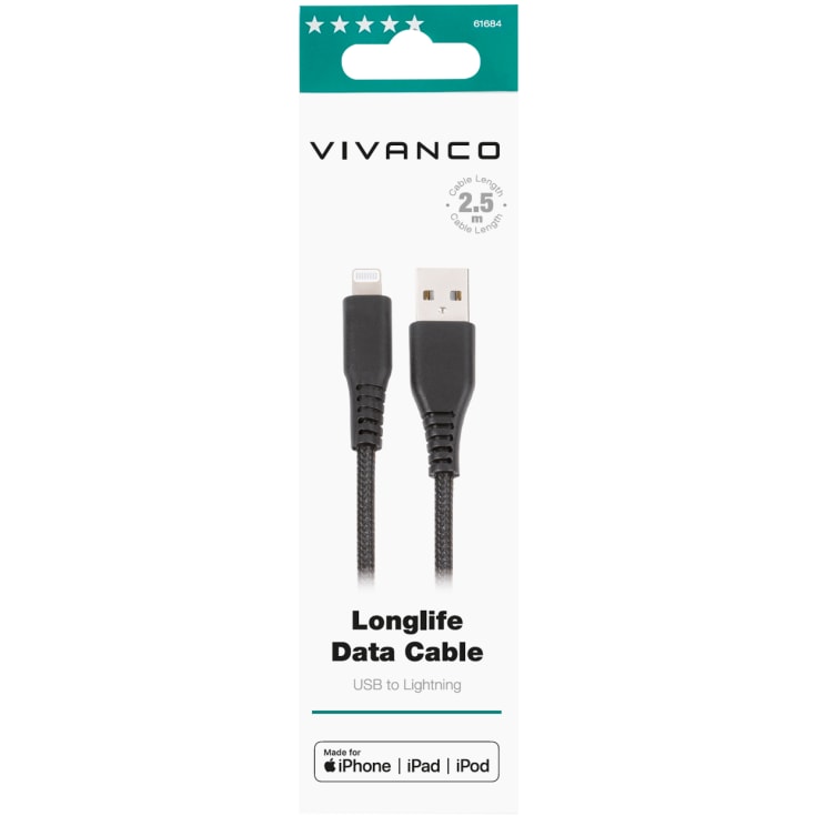 Vivanco LongLife laddningskabel Lightning/USB-A, 2,5 meter