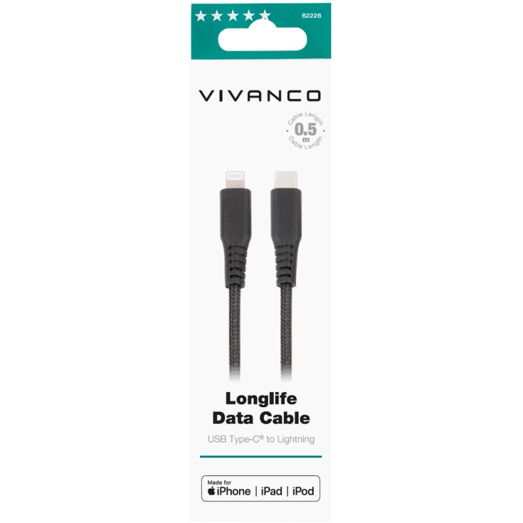 Vivanco LongLife Mfi laddningskabel (Lightning/USB-C), 0,5 meter