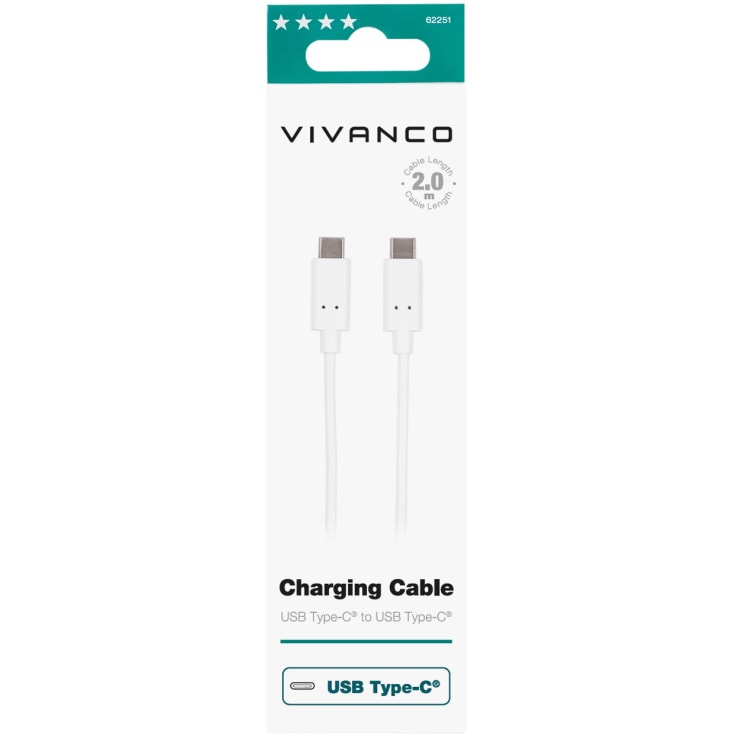 Vivanco ladekabel USB-C til USB-C hvid, 2 meter