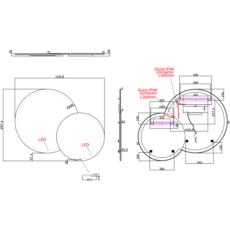 Cassøe Livorno spejl med lys, 111,9x89,7 cm