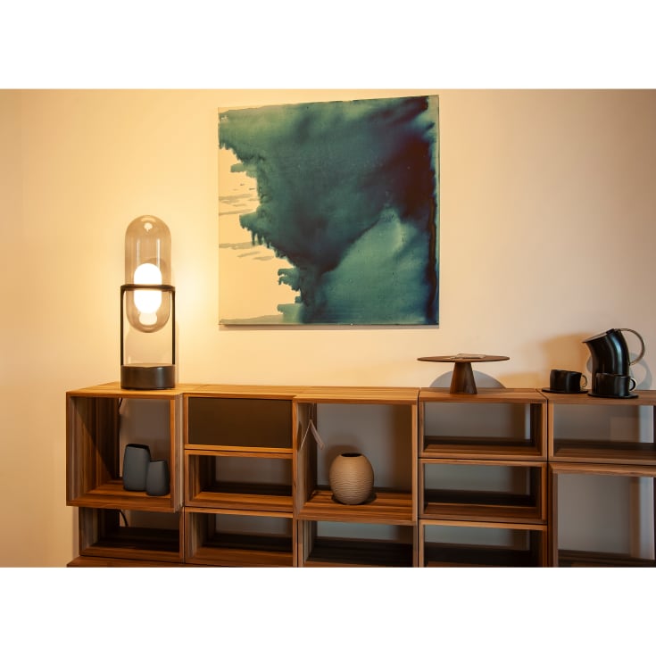 Pill T Bordslampa grå glas/champagne skärm 27W 2700 PUSH dimbar