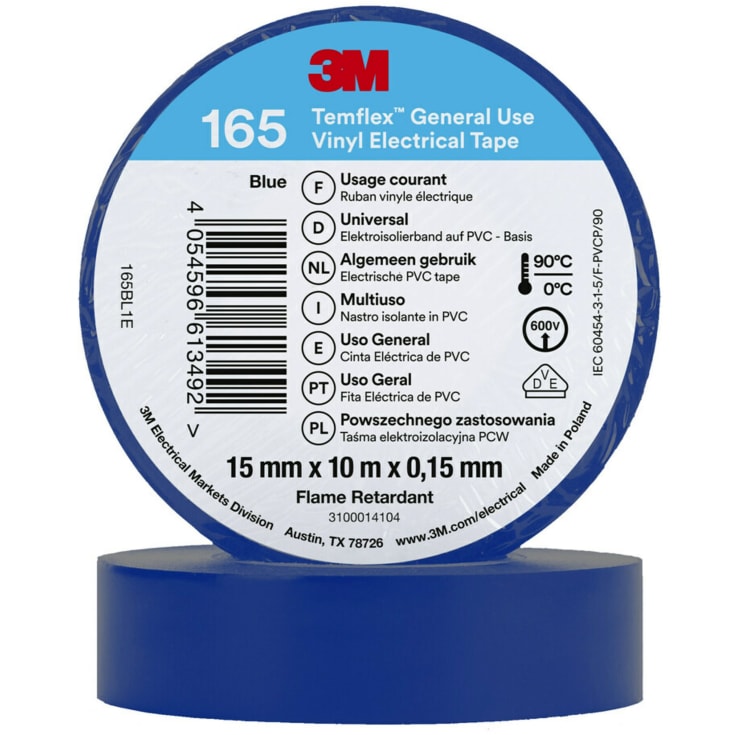 3M Temflex vinyltejp 165, 15 mm x 10 m, blå
