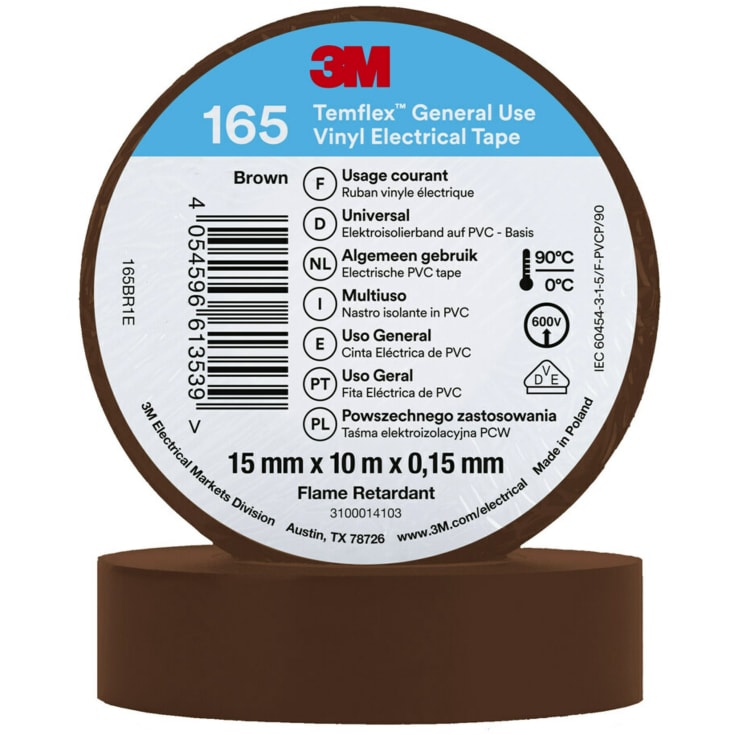 3M Temflex vinyltape 165, 15 mm x 10 m, brun