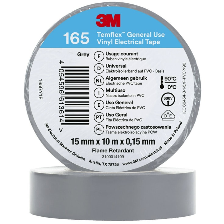 3M Temflex vinyltejp 165, 15 mm x 10 m, grå