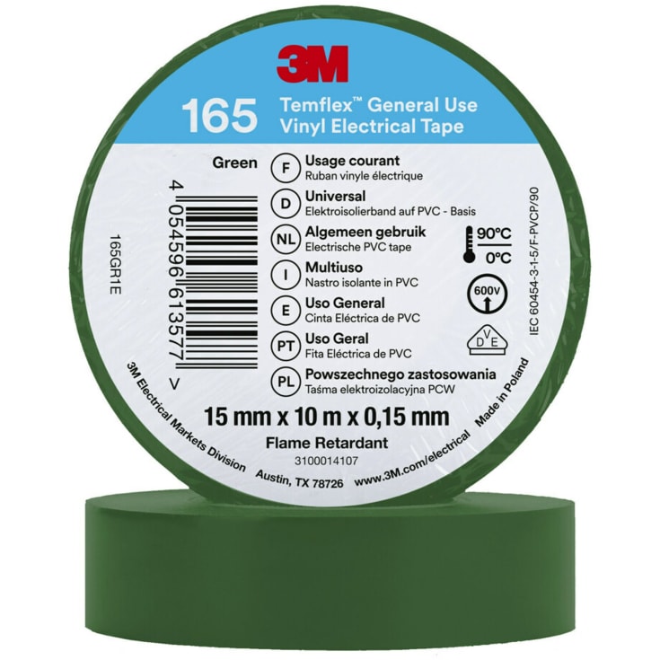 3M Temflex vinyltape 165, 15 mm x 10 m, grøn