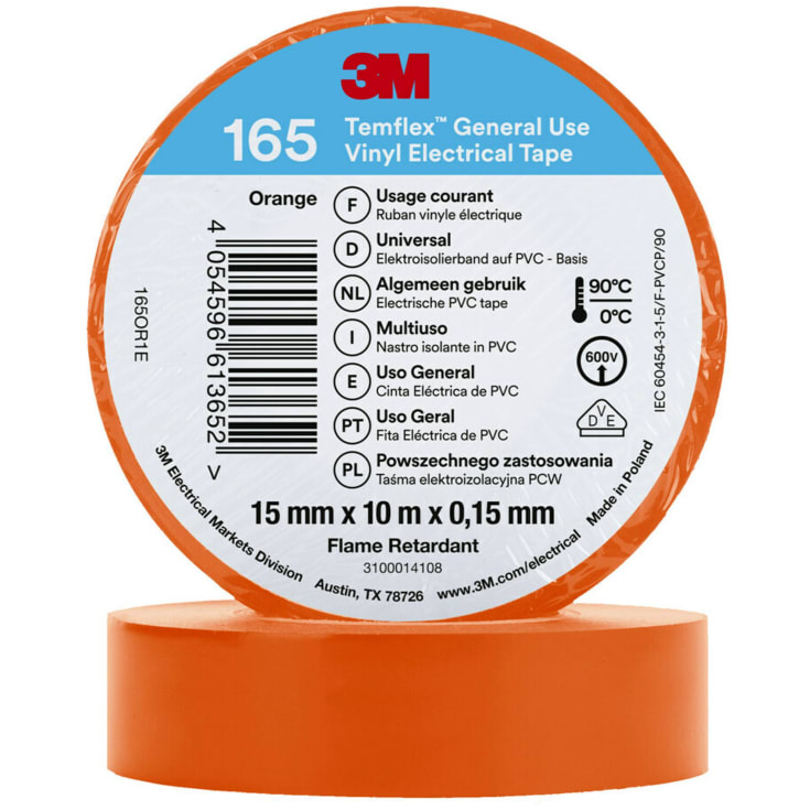 100 st Temflex EL vinyltejp 165 15 mm x 10 m, orange