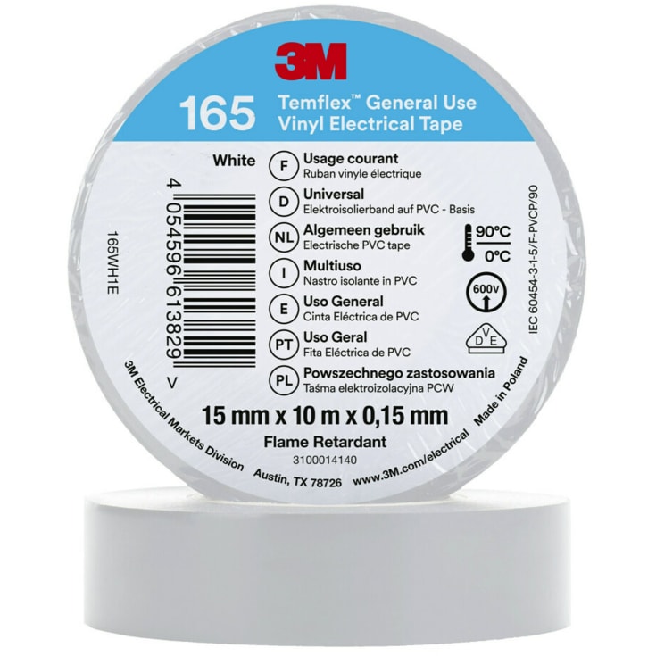 3M Temflex vinyltape 165, 15 mm x 10 m, hvid