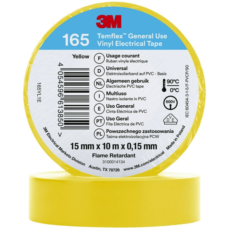 3M Temflex vinyltape 165, 15 mm x 10 m, gul