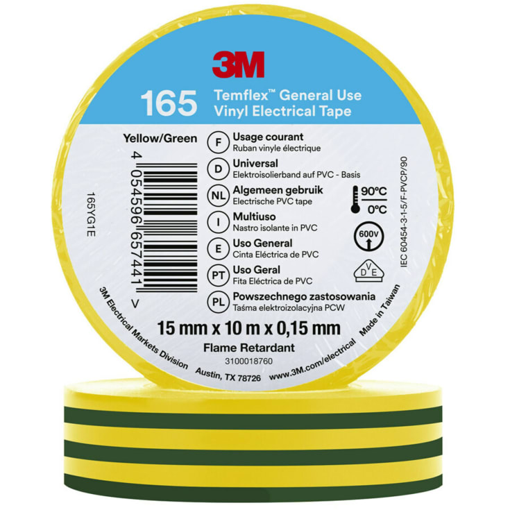 3M Temflex vinyltejp 165, 15 mm x 10 m, grön/gul