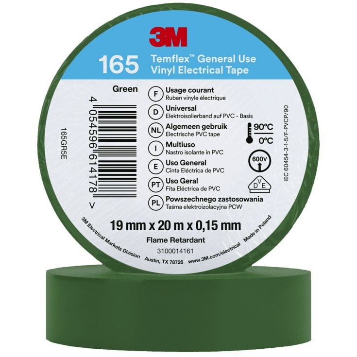 100 st Temflex EL vinyltejp 165 19 mm x 20 m, grön