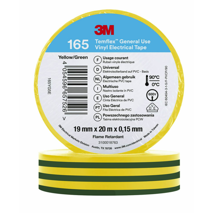 100 st Temflex EL vinyltejp 165 19 mm x 20 m, grön/gul