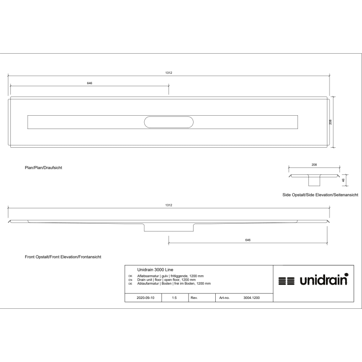 Unidrain 3004 afløbsarmatur, 1200 mm, fritliggende