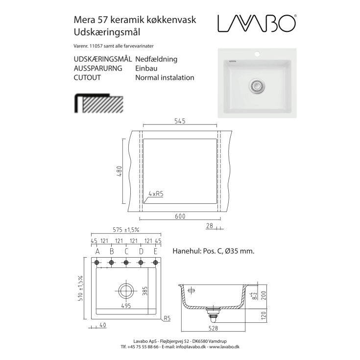Lavabo Mera 57 kjøkkenvask, 57,5x51 cm, hvit