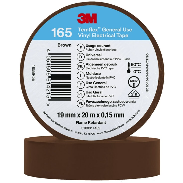 100 st Temflex EL vinyltejp 165 19 mm x 20 m, brun