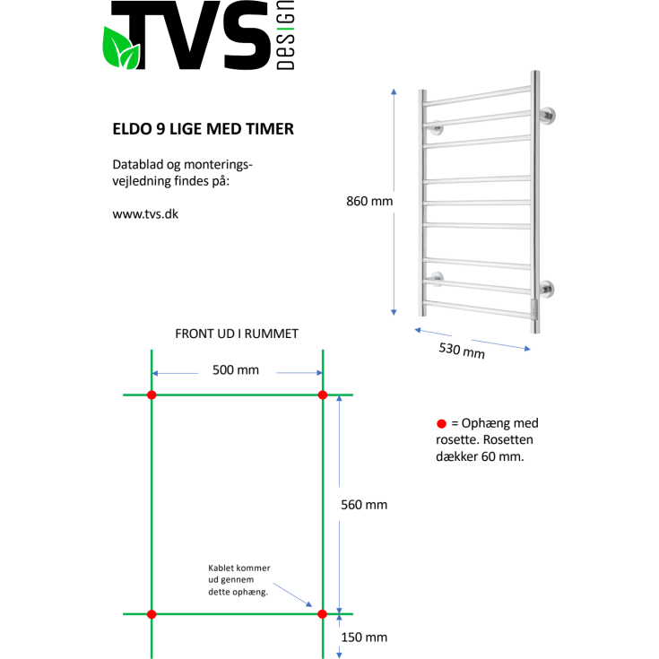TVS Eldo 9 L håndklædetørrer, el, 53x86 cm, sort