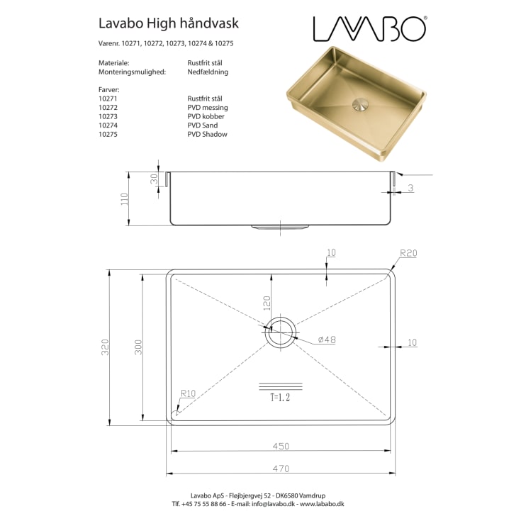Lavabo High håndvask, 47x32 cm, messing