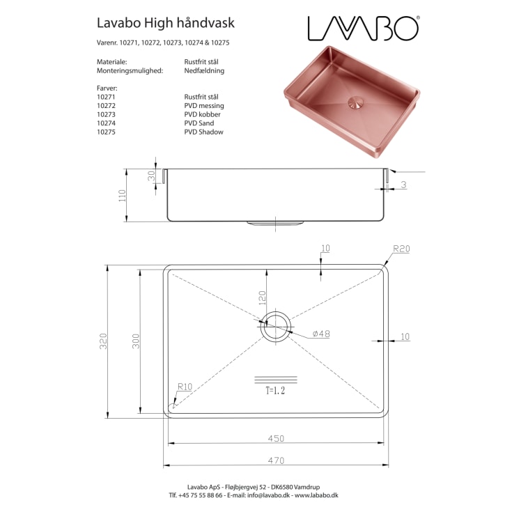 Lavabo High servant, 47x32 cm, kobber