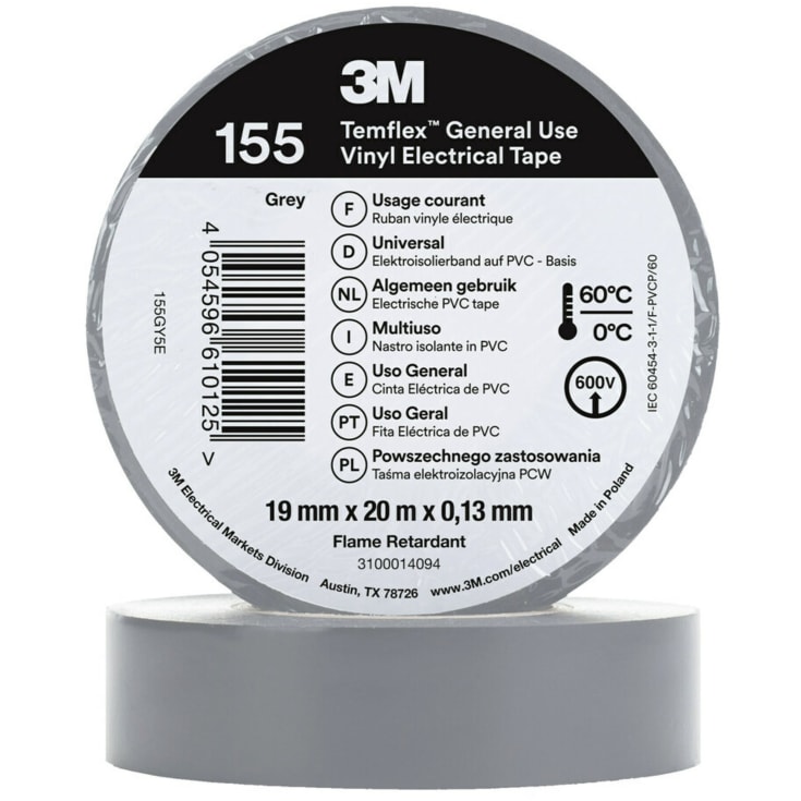 100 st Temflex EL vinyltejp 155 19 mm x 20 m, grå