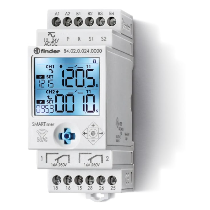 Multifunktions- och spänningstimer 2 växlande kontakter + NFC 12-24V AC/DC