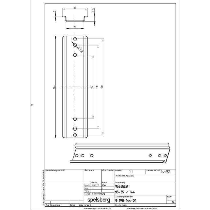 DIN-skena NS 35-144, 35 x 144 x 7,5 mm
