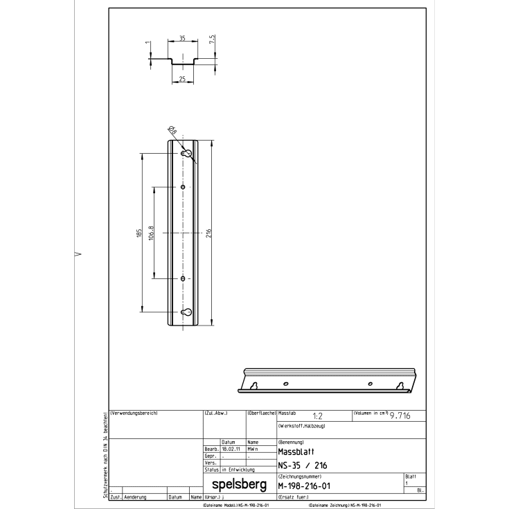 DIN-skinne NS 35-216, 35 x 216 x 7,5 mm