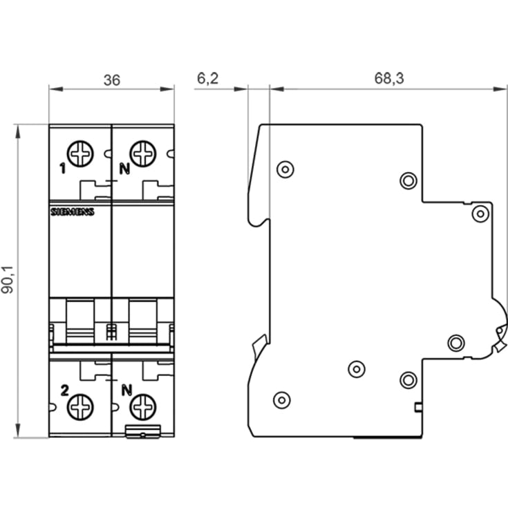 Siemens automatsikring C 1P+N 16A, grå