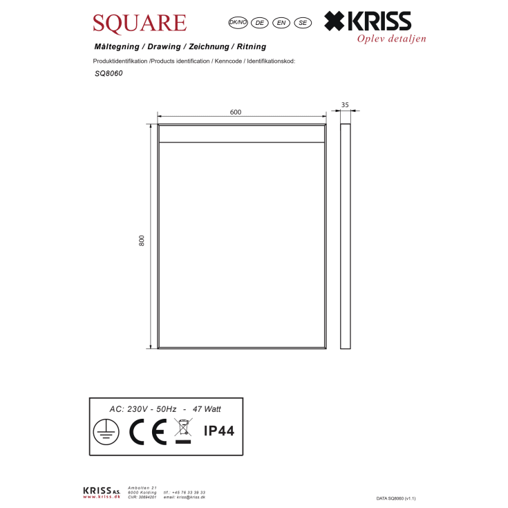 Kriss Square spejl med lys, dugfri, 80x60 cm, sort