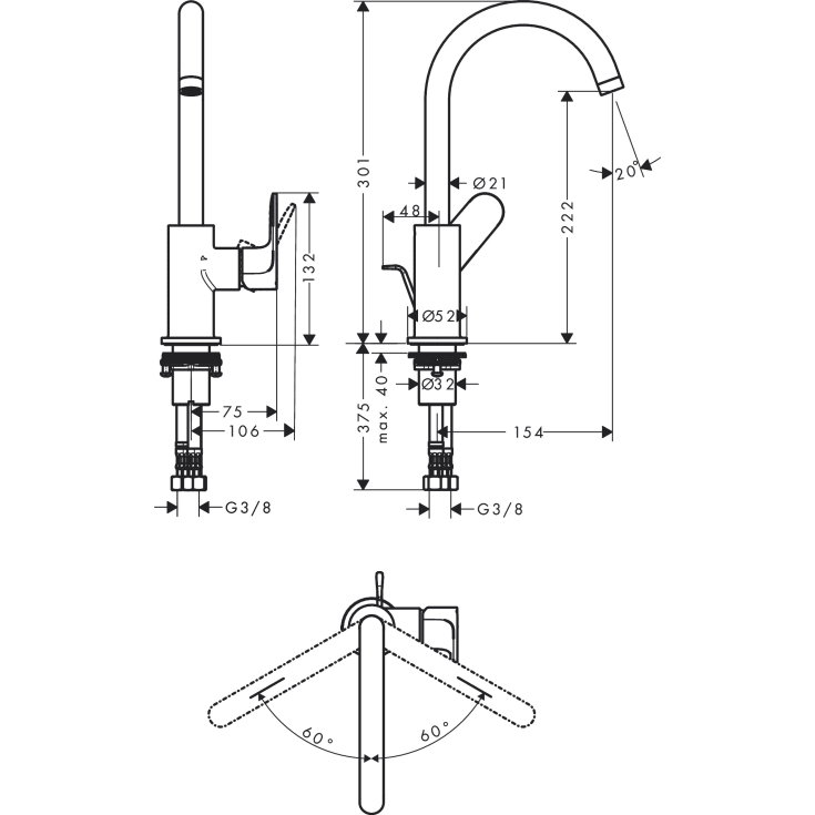 Hansgrohe Rebris S 210 servantbatteri, mat sort