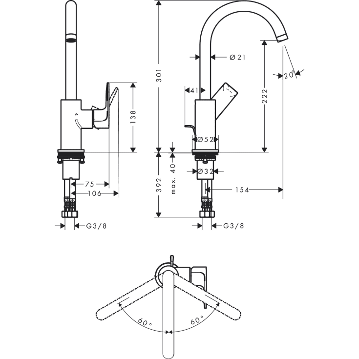 Hansgrohe Rebris E 210 tvättställsblandare, krom