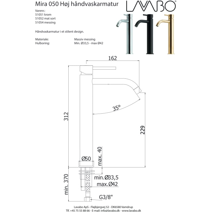 Lavabo Mira 050 håndvaskarmatur, messing