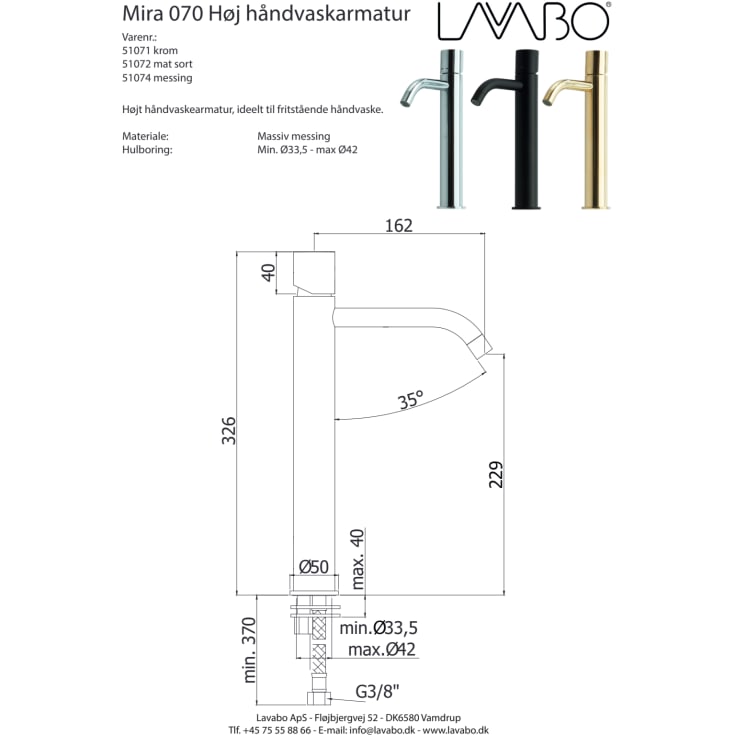 Lavabo Mira 070 håndvaskarmatur, messing