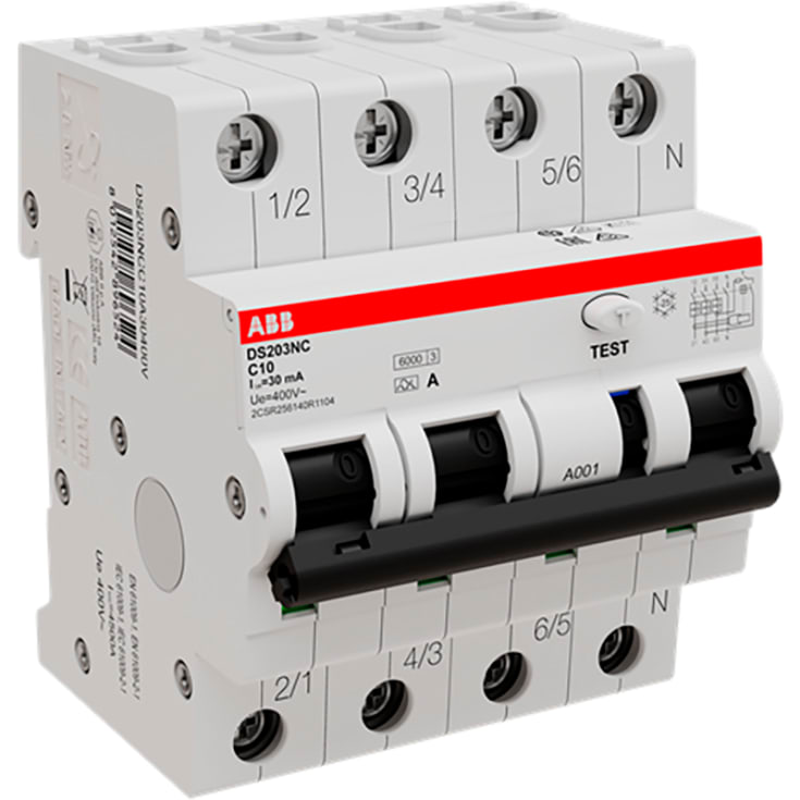 ABB DS203NC HPFI kombiafbryder C, 3P+N på 10A