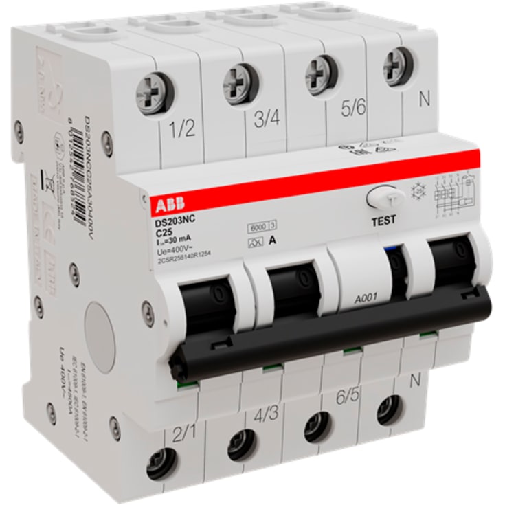 ABB DS203NC HPFI kombiafbryder C, 3P+N, 16A