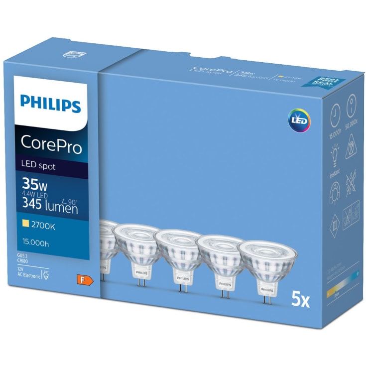 Philips CorePro GU5,3 stiftlampa, 5-pack, 2700K, 4,4W