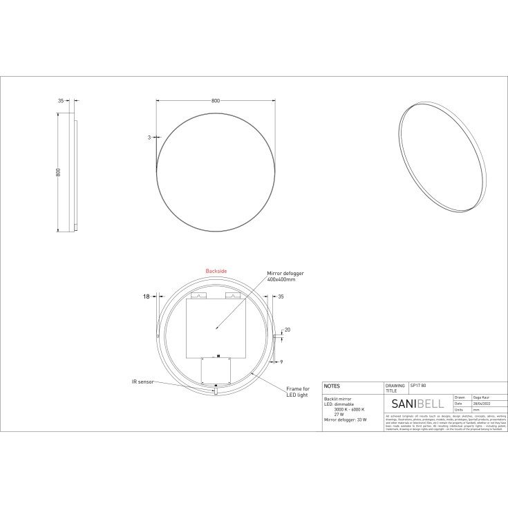 Sanibell Ink SP17 spejl med lys, dæmpbar, dugfri, Ø80 cm, børstet mat guld